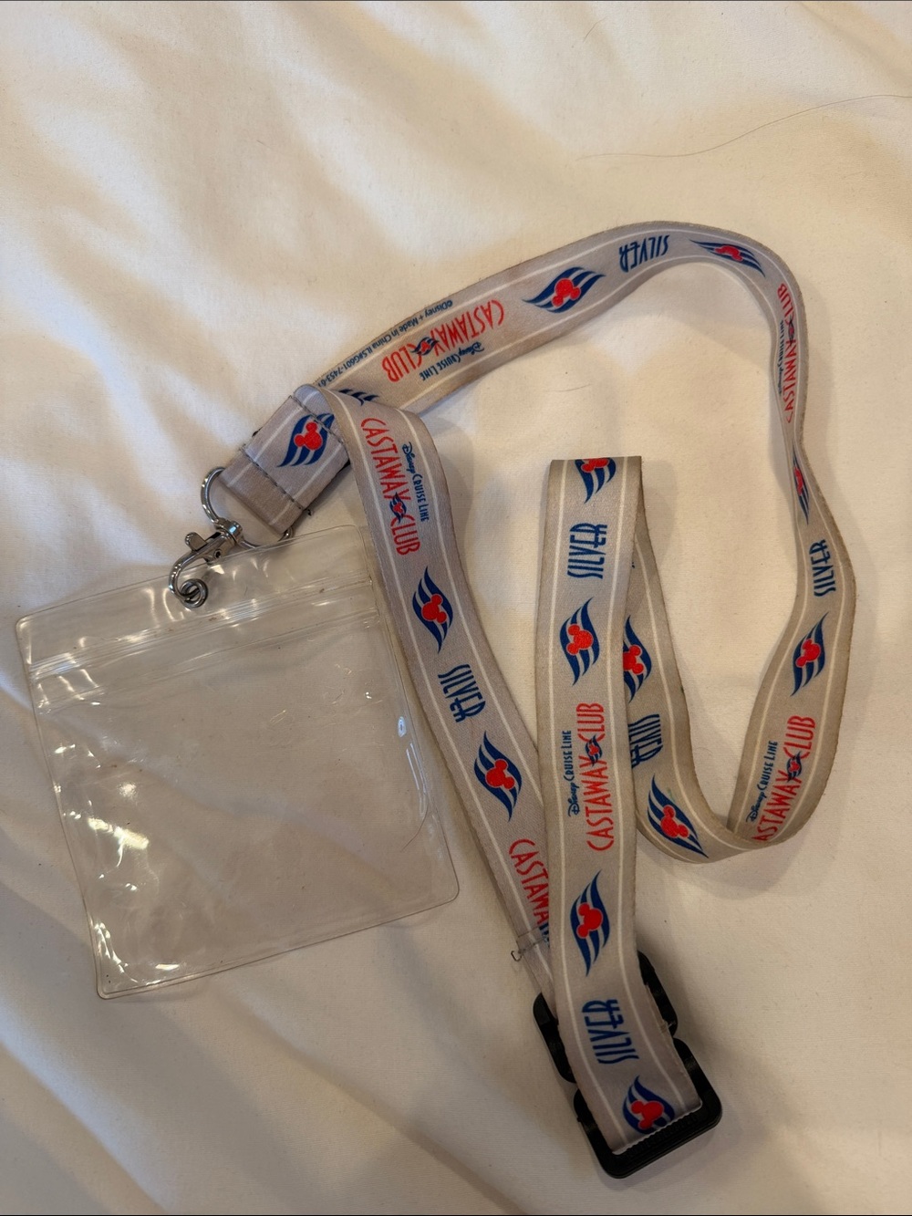 OLD Silver Castaway Club Lanyard with Clear Badge Holder - White, Red & Blue